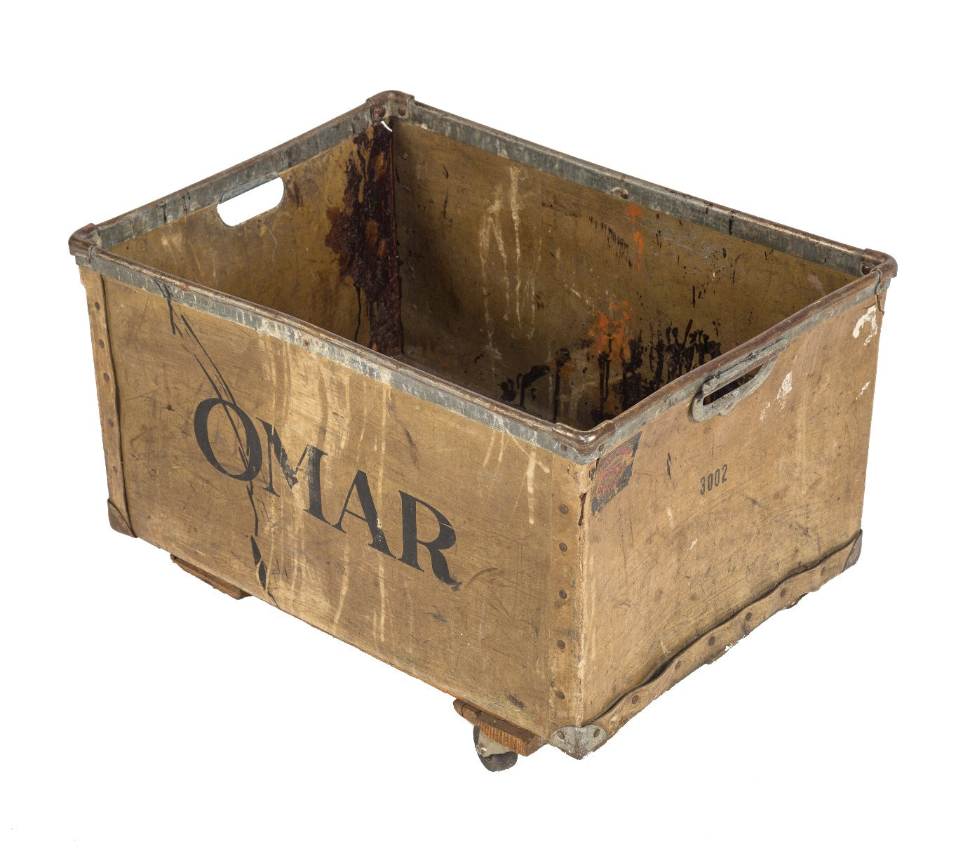 unique depression era vintage american industrial "spauliding fibre" mobile cart or bin salvaged from milwaukee's omar bakery