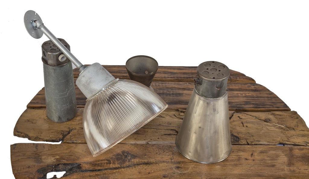 one of two original vintage american industrial holophane glass factory pendant lights with socket housing and canopy
