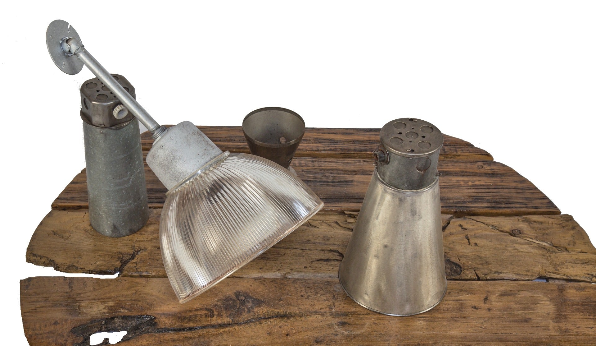 one of two original vintage american industrial holophane glass factory pendant lights with socket housing and canopy