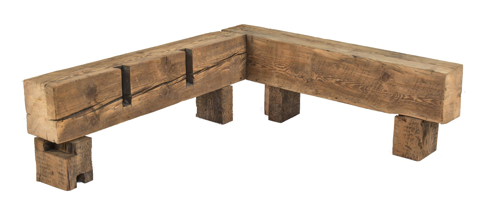 unique oversized old growth pine wood salvaged workers cottage pegged and notched sill plate l-shaped sitting bench