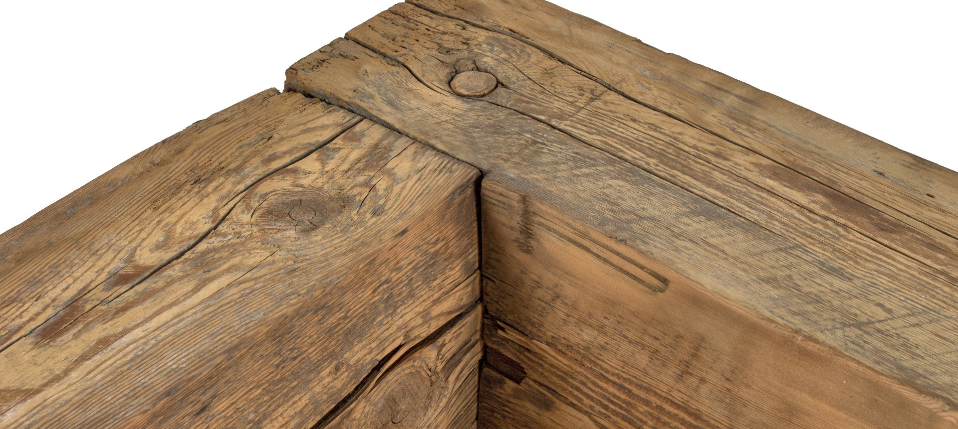 unique oversized old growth pine wood salvaged workers cottage pegged and notched sill plate l-shaped sitting bench