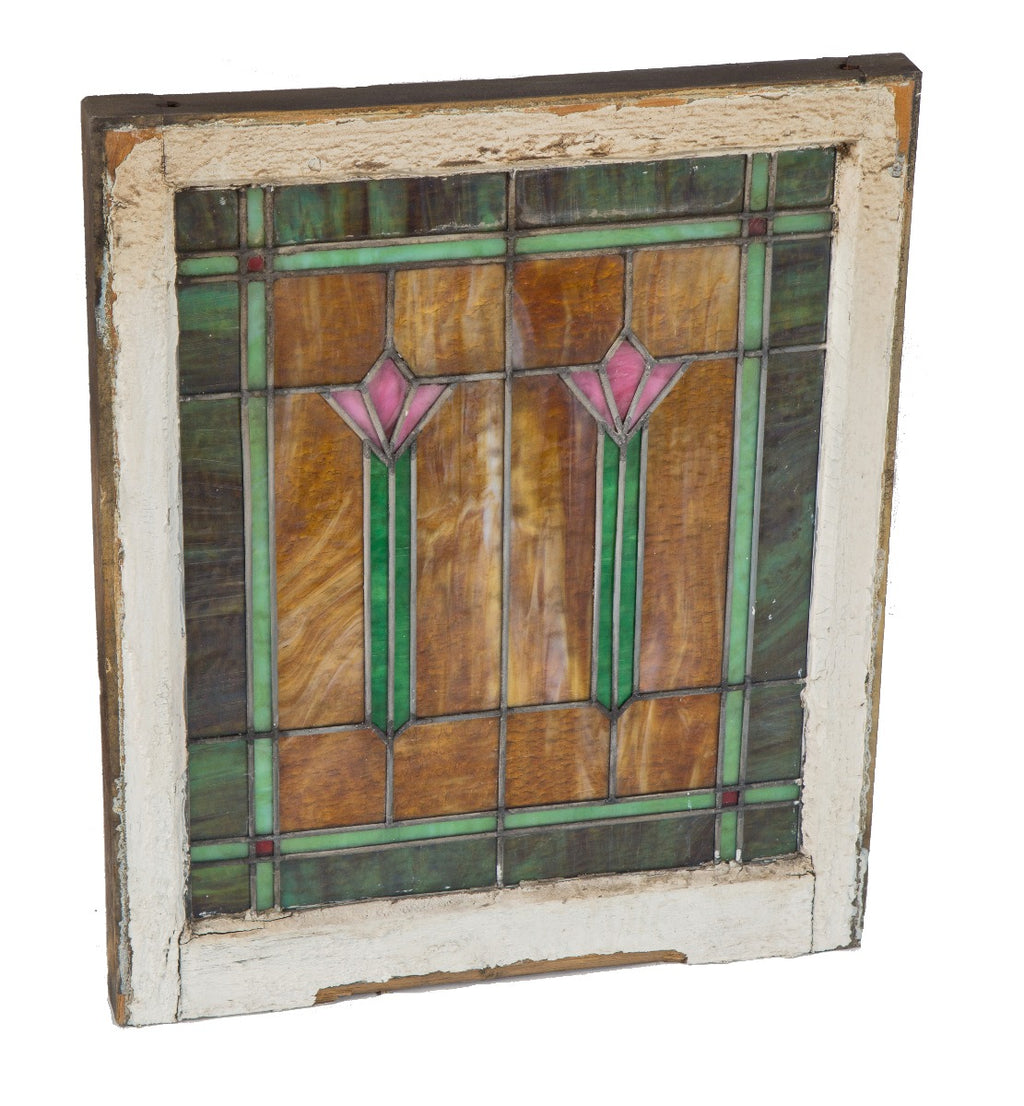 single early 20th century antique american craftsman style salvaged chicago stained glass window with floral motifs