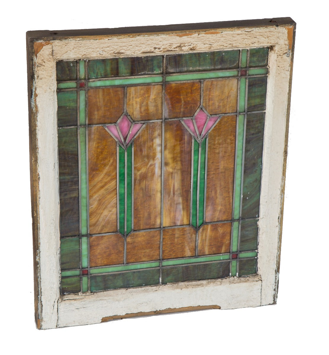 single early 20th century antique american craftsman style salvaged chicago stained glass window with floral motifs