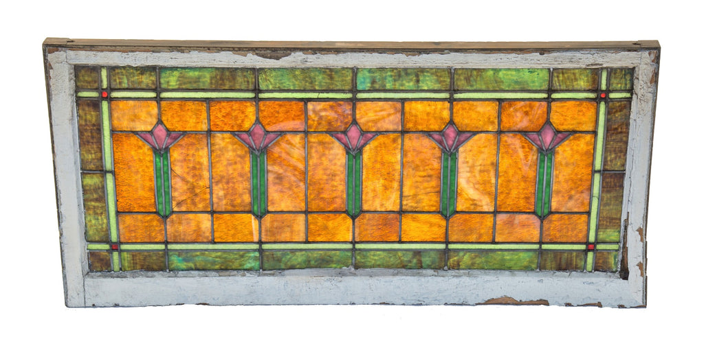 single early 20th century antique american salvaged chicago craftsman style stained glass window with original wood sash frame