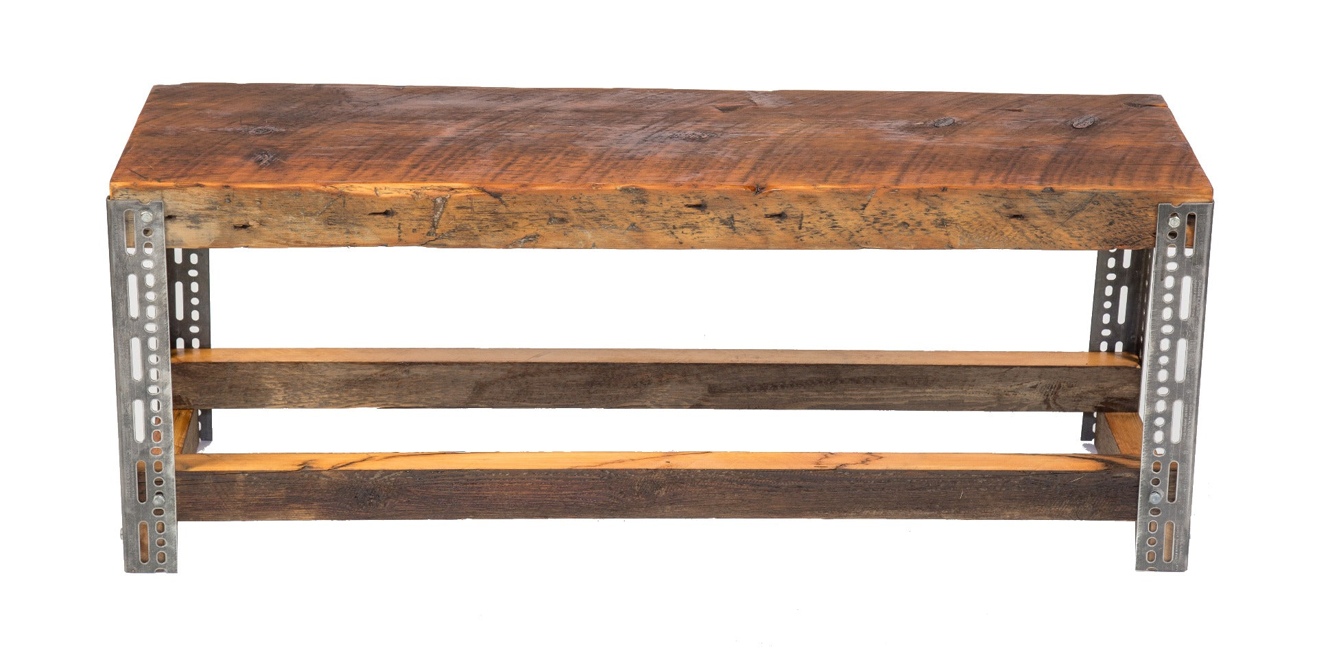 custom-built salvaged chicago vintage industrial old growth pine wood sitting bench with perforated steel legs