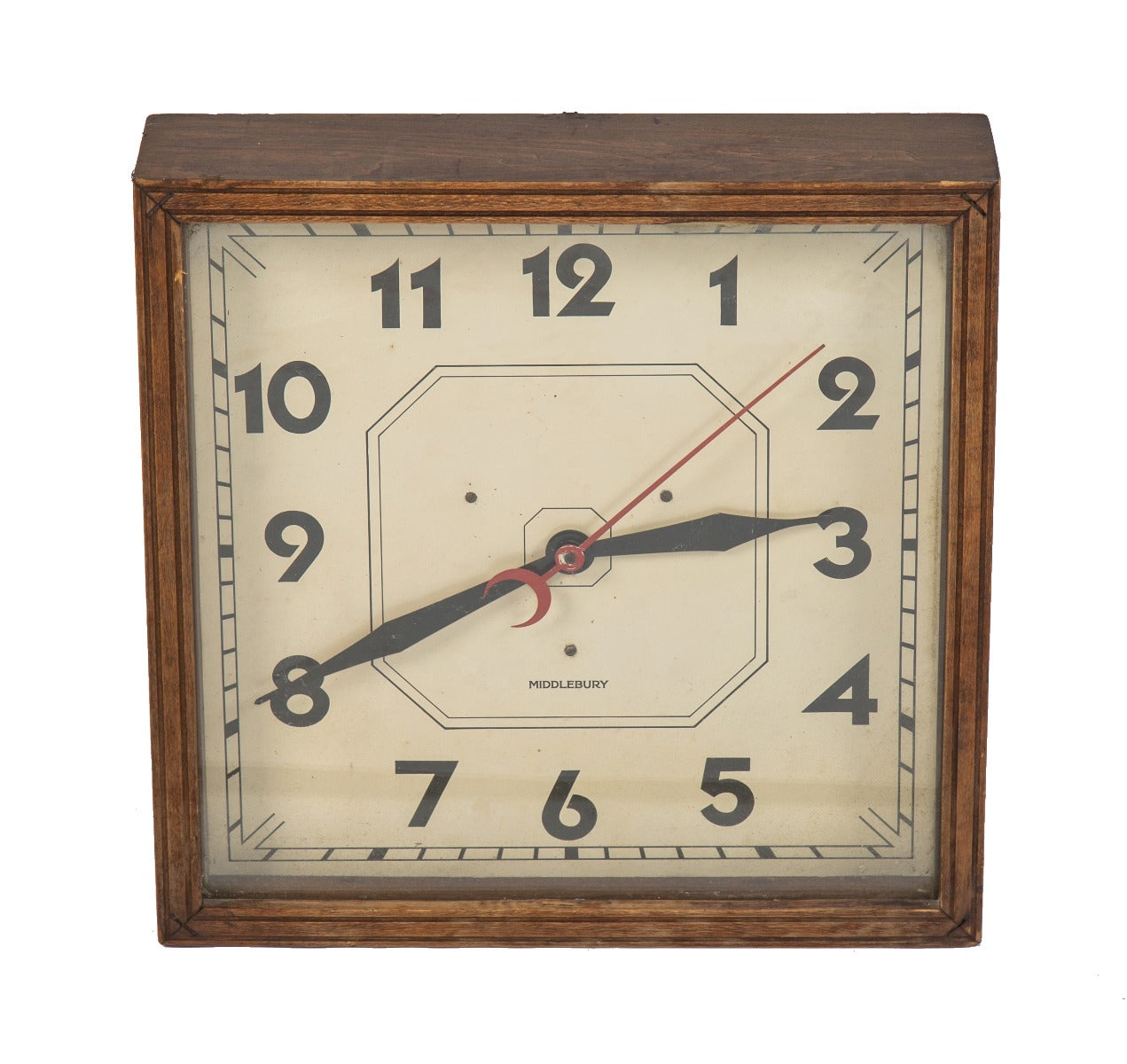 original wall-mount american art deco style interior electric clock with varnished birch wood frame and baked enameled face