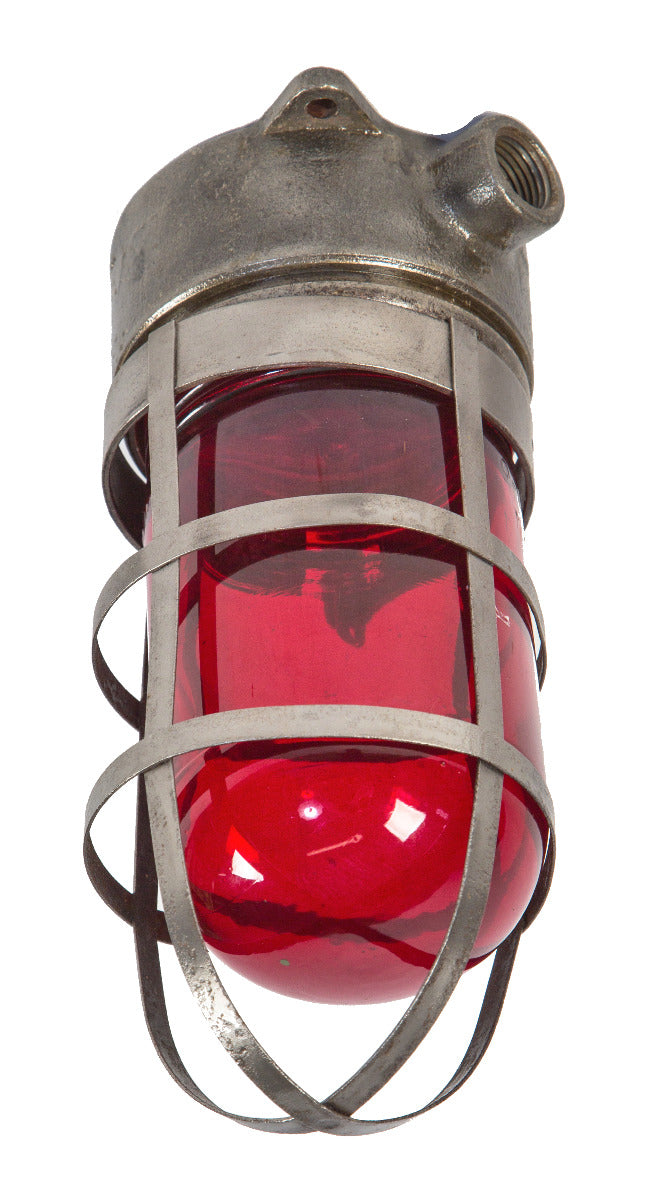 early 20th century original cook county hospital gantry crane exposion proof caged light with ruby red steel guard