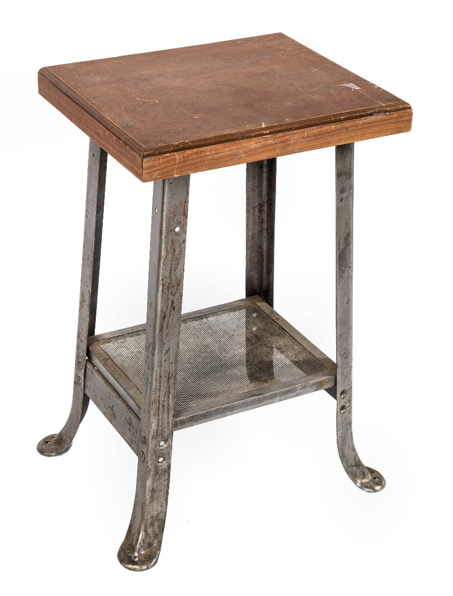 c. 1950's american industrial refinished four-legged repurposed side table or occasional table with pressed and folded heavy gauge steel legs
