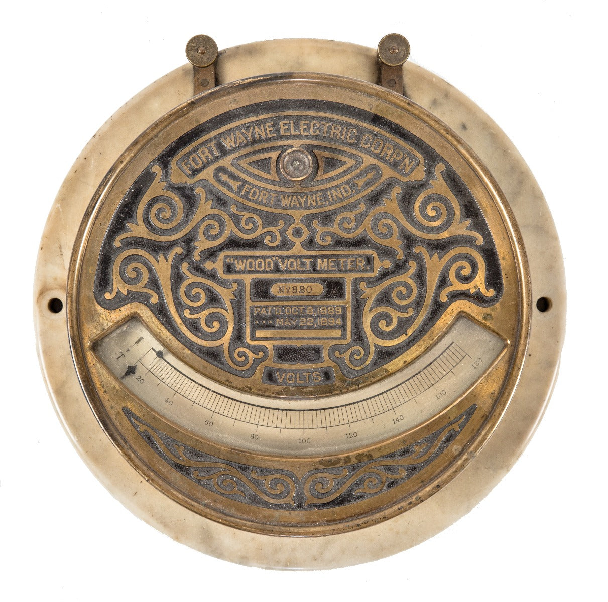 late 19th century ornamental cast bronze "wood type" flush mount switchboard volmeter with original certification label signed by thomas duncan