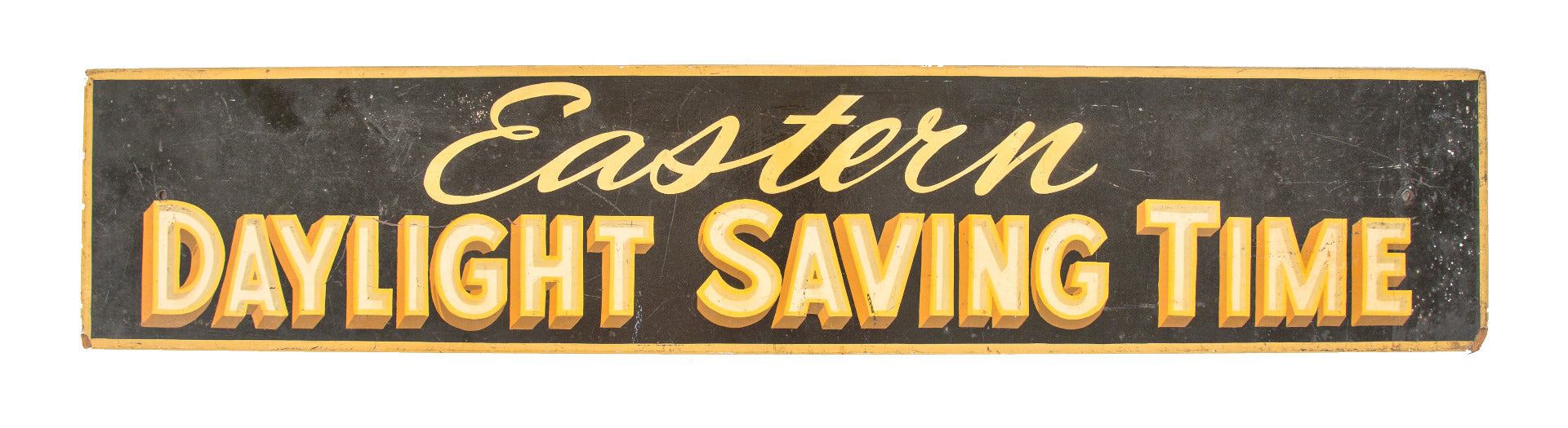 american depression era hand-painted bank building "daylight savings" window sign with shadowed lettering