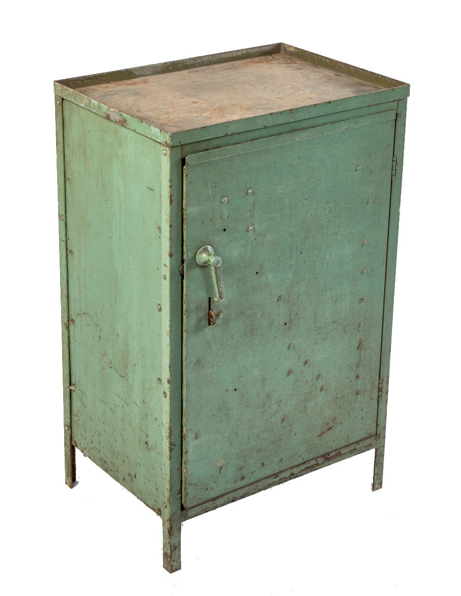 original vintage american industrial cold-rolled steel freestanding factory machine shop storage cabinet with old green paint finish