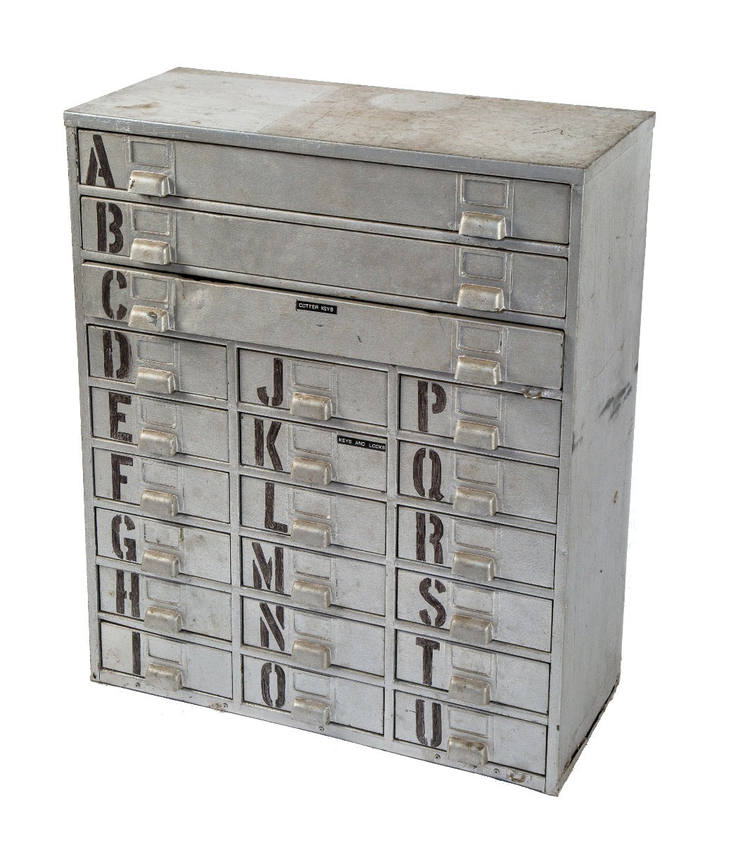 heavily compartmentalized vintage american industrial reinforced steel multi-drawer chicago machine shop cabinet