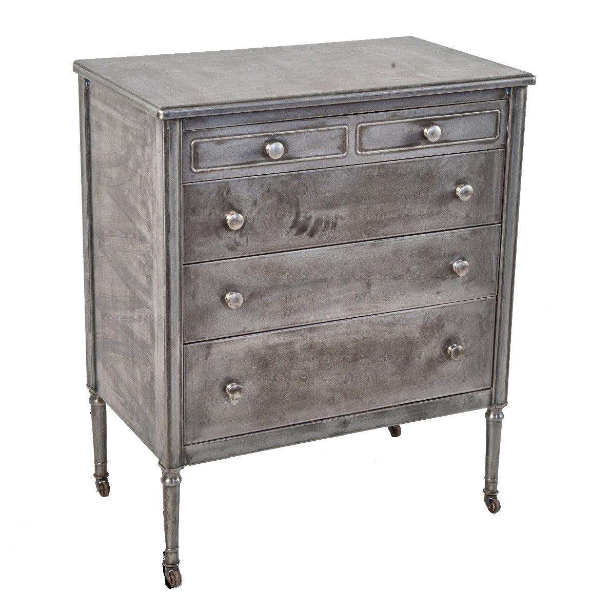 one of two matching original salvaged chicago brushed steel multi-drawer simmons dresser with tapered legs