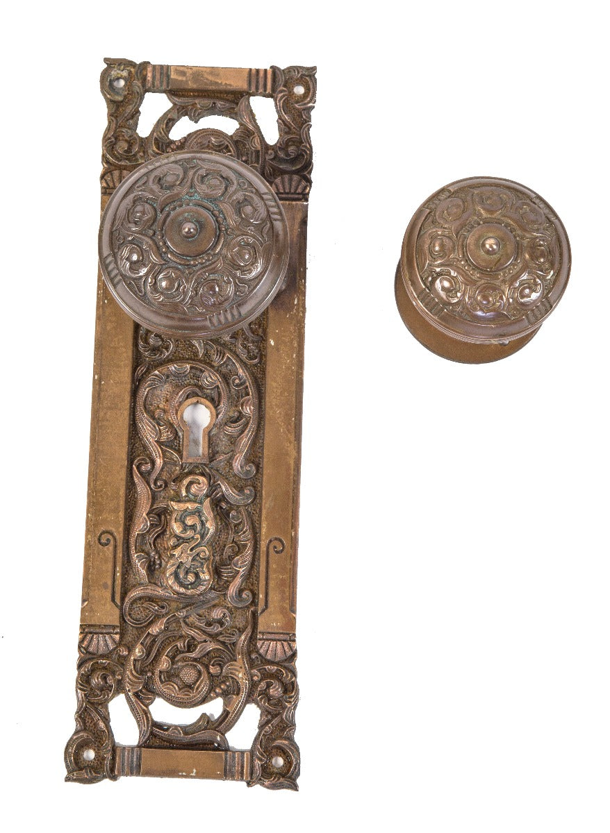 19th century ornamental cast bronze salvaged chicago exterior or entrance door "columbian" pattern hardware