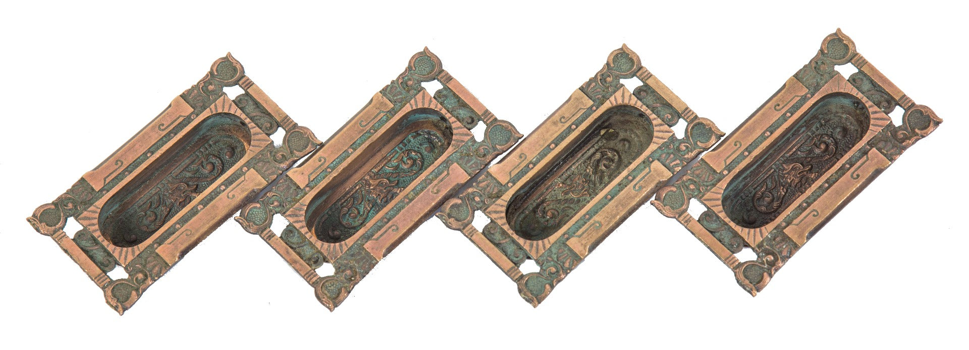 lot of four matching salvaged chicago ornamental cast bronze "columbian" pattern interior residential sash lifts