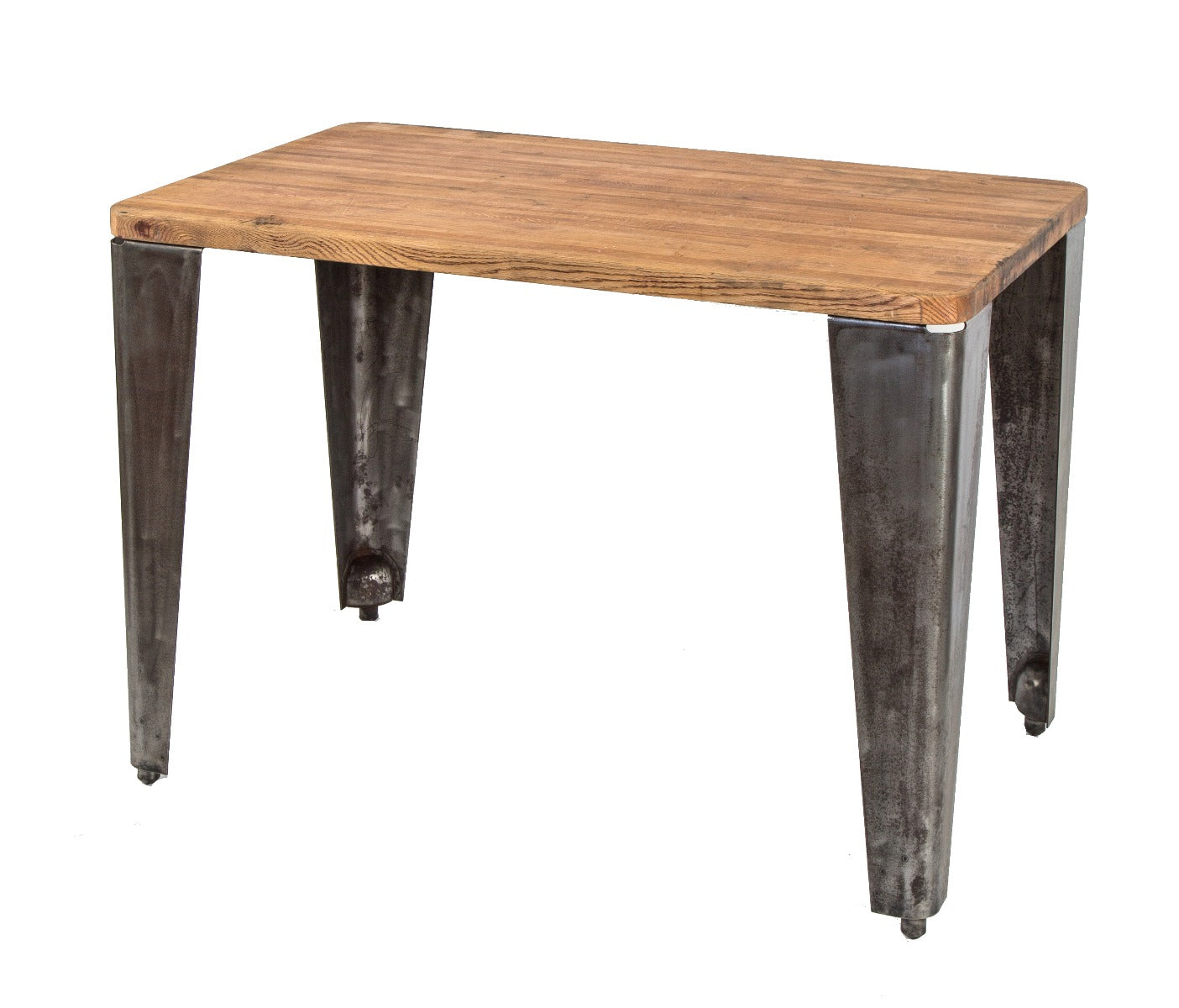 reinforced vintage american industrial salvaged chicago four-legged factory table with solid oak wood top and curved steel legs