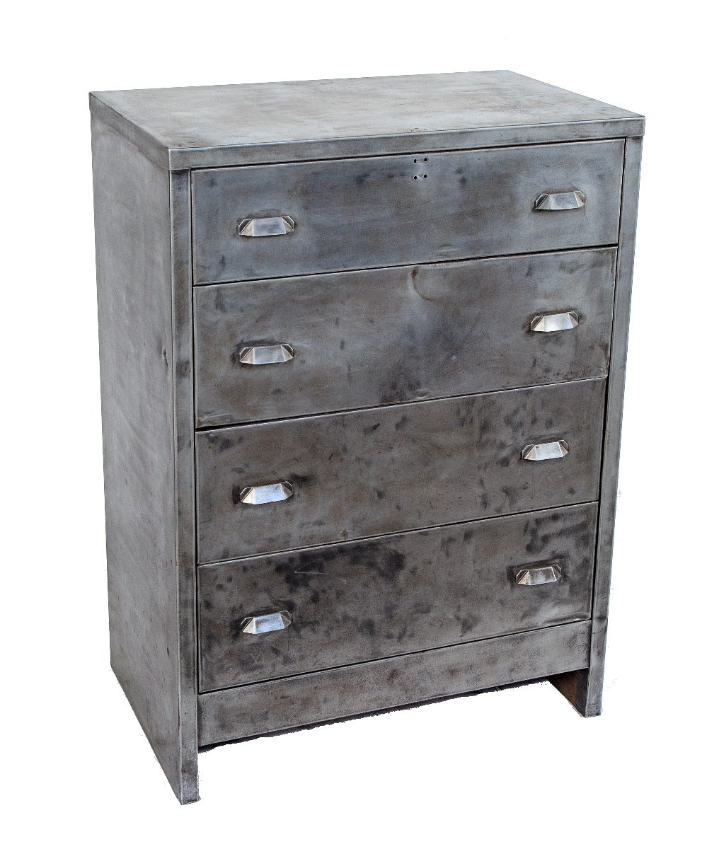 refinished antique american industrial cold-rolled steel art metal furniture dresser with unusual drawer pulls