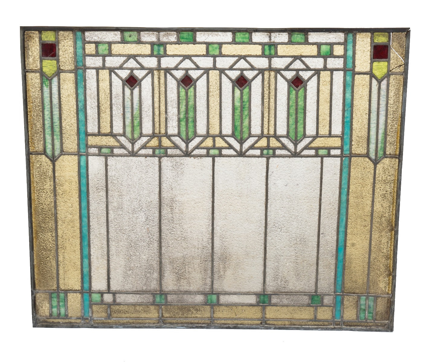 original early 20th century salvaged chicago craftsman style richly colored bungalow window with strongly geometric design
