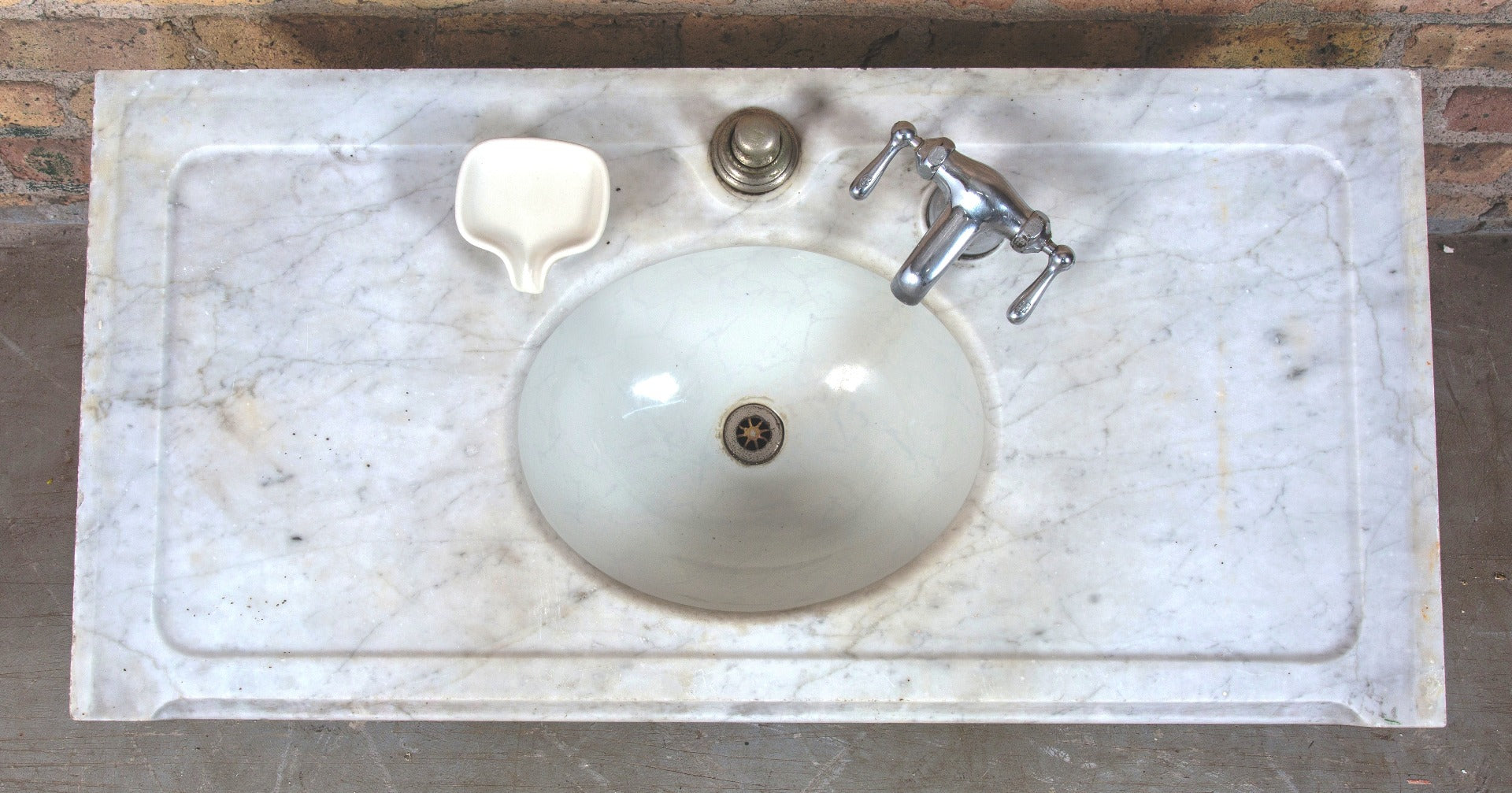 one of two rare oversized salvaged chicago gold coast mansion carrara marble lavatory sink with detachable trenton vitreous sink bowl