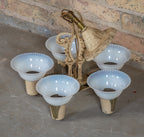 all original antique american depression era five-light interior residential slip shade fixture with ribbed slip shades