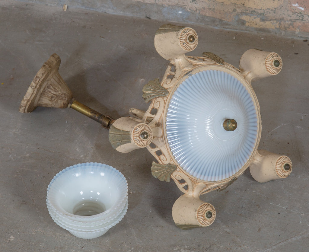 one of three nearly identical interior salvaged chicago slip shade ceiling light fixtures with original enameled finish