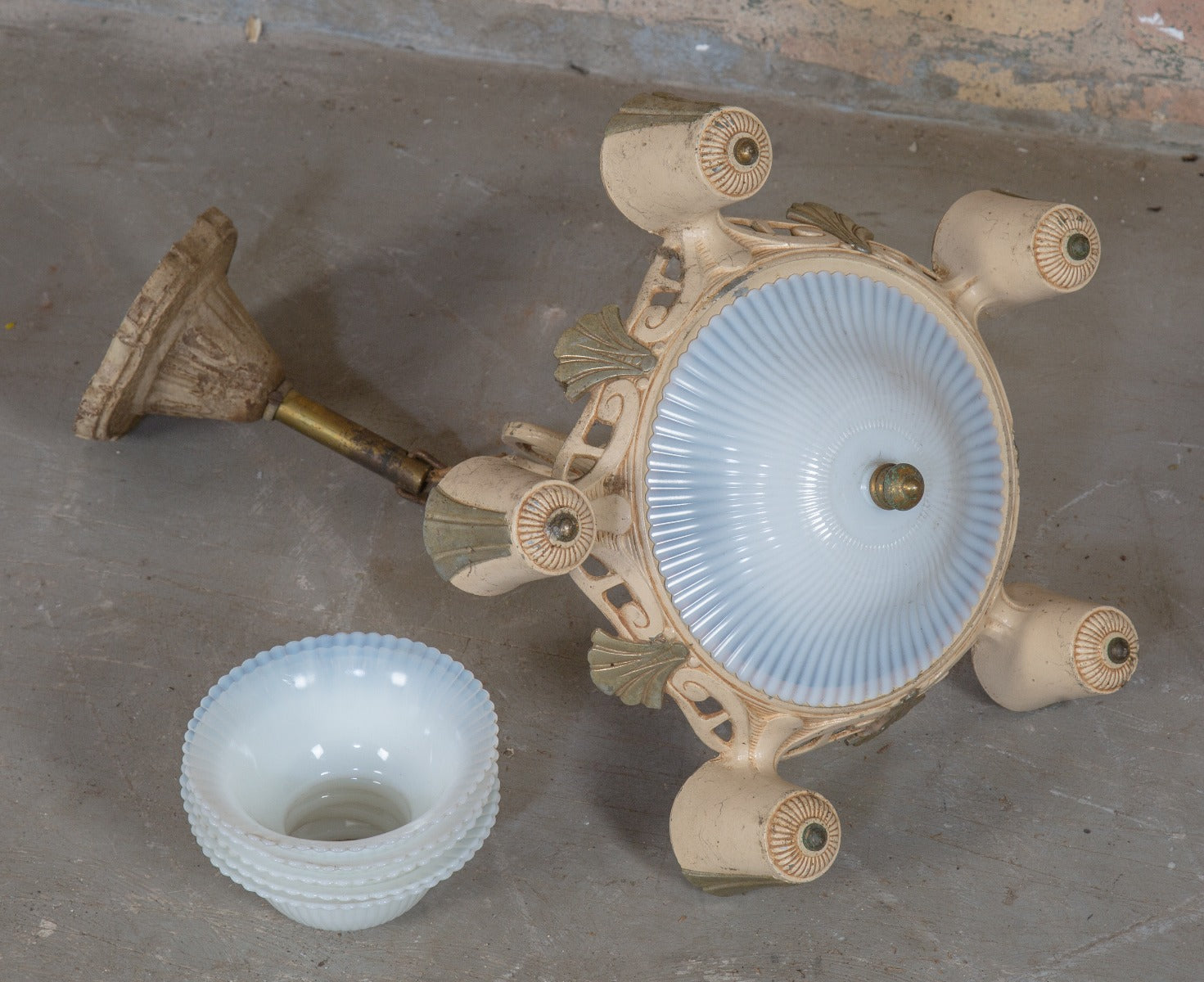 one of three nearly identical interior salvaged chicago slip shade ceiling light fixtures with original enameled finish