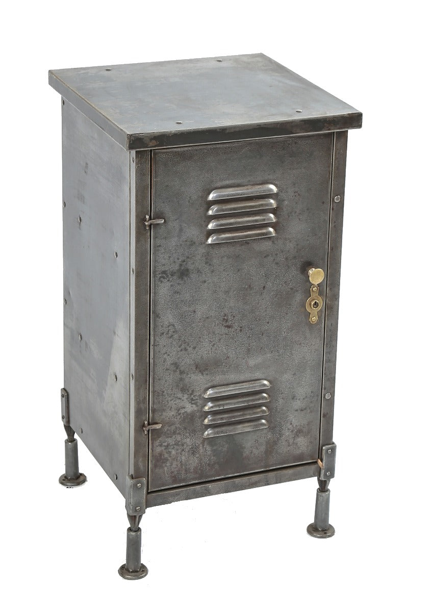 early antique american industrial refinished riveted joint steel side table with hinged louvered cabinet door