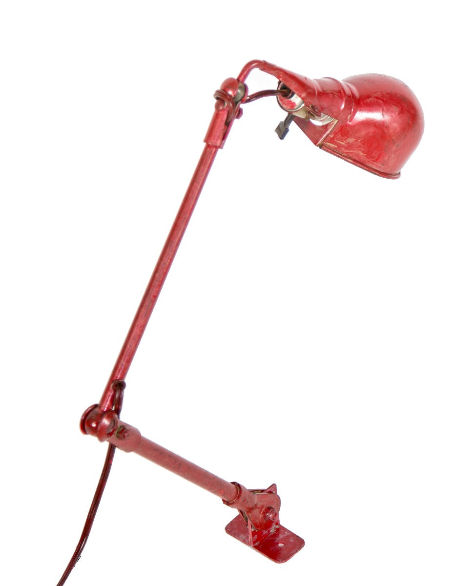 original vintage american industrial triple-jointed tubular steel weathered and worn red enameled fostoria task lamp