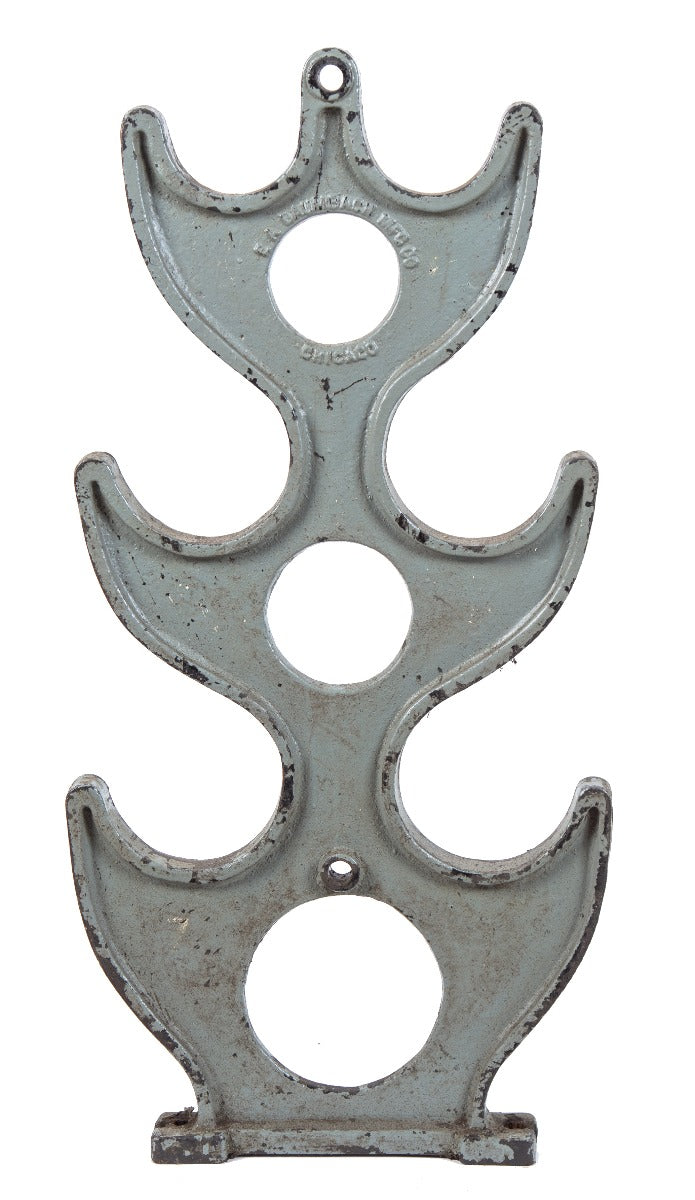 early 20th century salvaged chicago three-tier cast iron freestanding factory pipe "bambach" storage rack