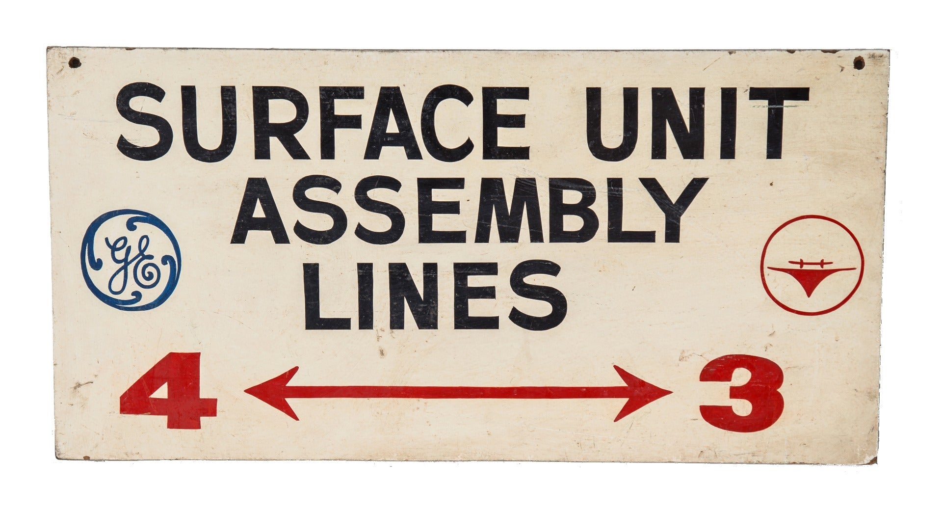 one of two original c. 1940's salvaged chicago hand-painted polychrome wood general electric assembly plant signs