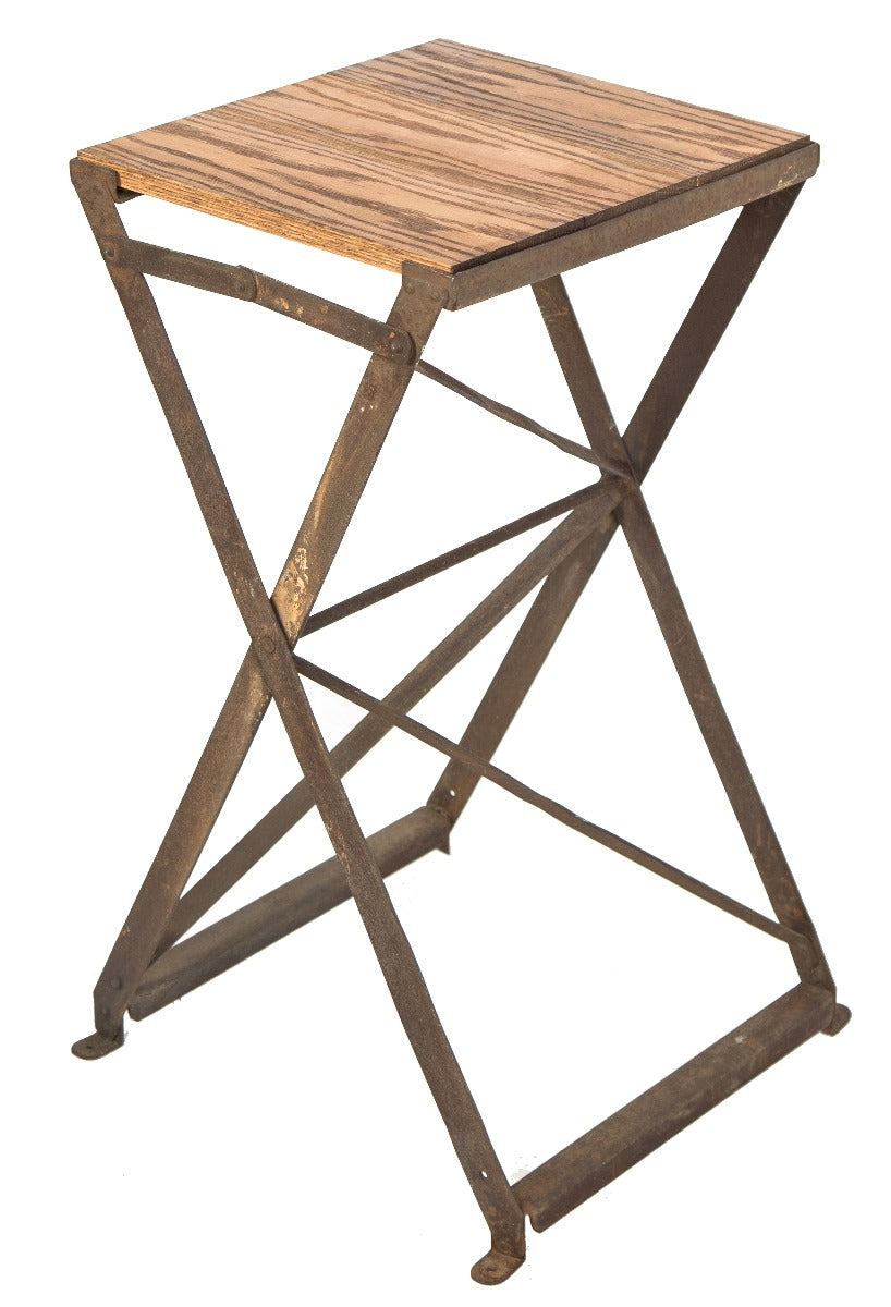 c. 1920's original and fully functional riveted joint steel scissor-type collapsible side table with newly added oak wood tabletop
