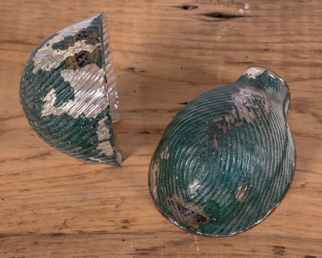 two matching hard to find diminutive green enameled salvaged chicago factory "x-ray" glass reflectors