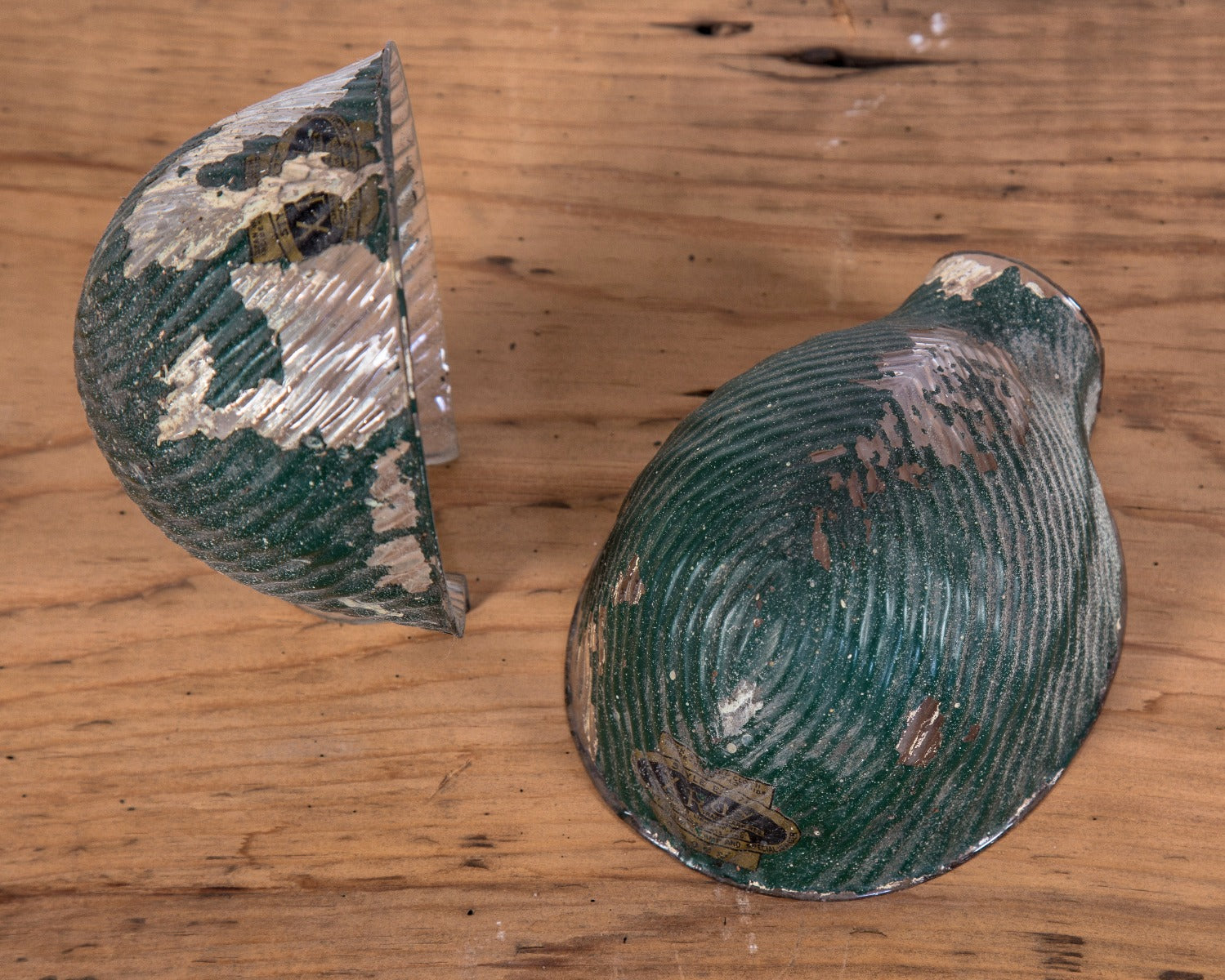 two matching hard to find diminutive green enameled salvaged chicago factory "x-ray" glass reflectors