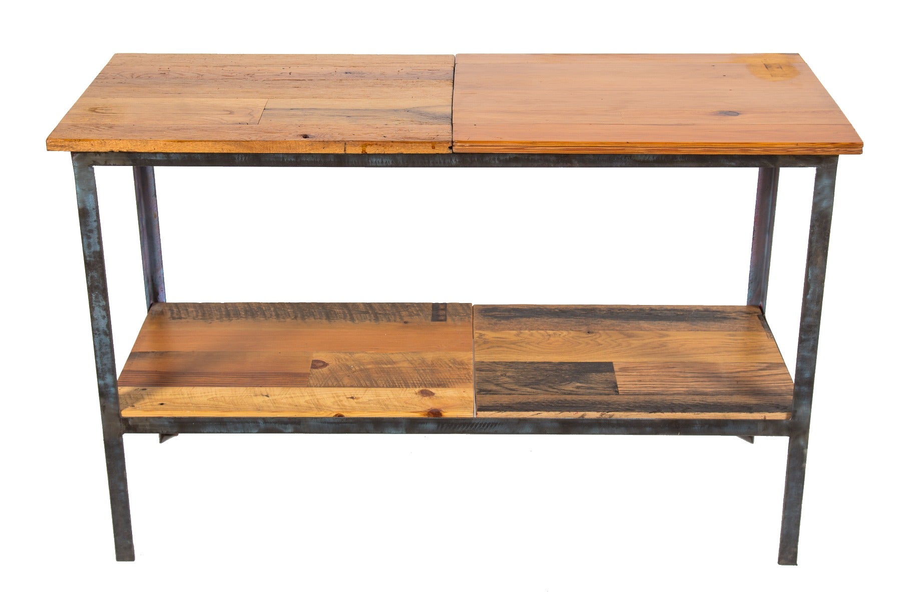 repurposed vintage american industrial salvaged chicago factory angled steel two-tier side table with brushed metal finish