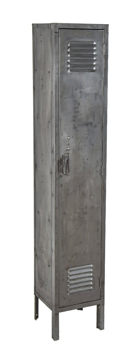 original c. 1940's salvaged chicago factory machine shop pressed and folded steel locker with single hinged louvered door