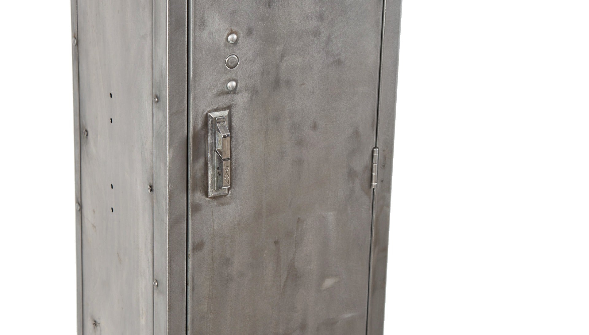 original c. 1940's salvaged chicago factory machine shop pressed and folded steel locker with single hinged louvered door