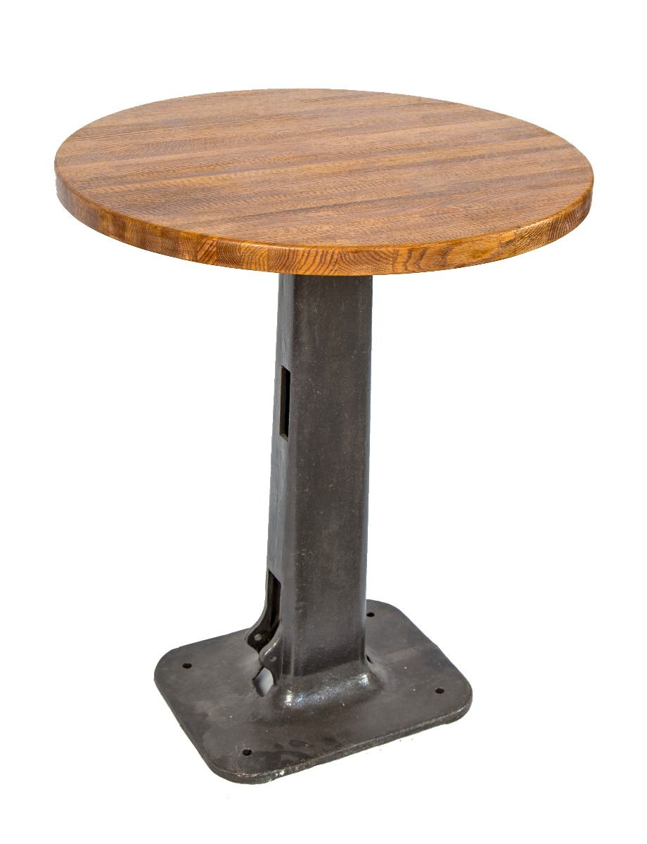 refinished vintage american industrial machine shop high table with cast iron base and solid oak wood top