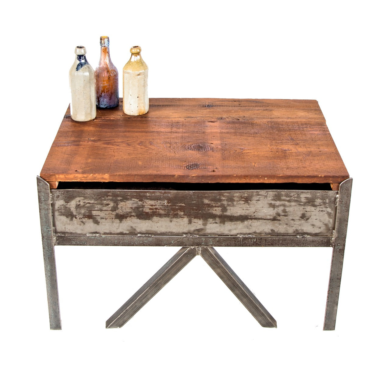 repurposed vintage american industrial salvaged chicago stationary low-lying table with detachable pine wood tabletop