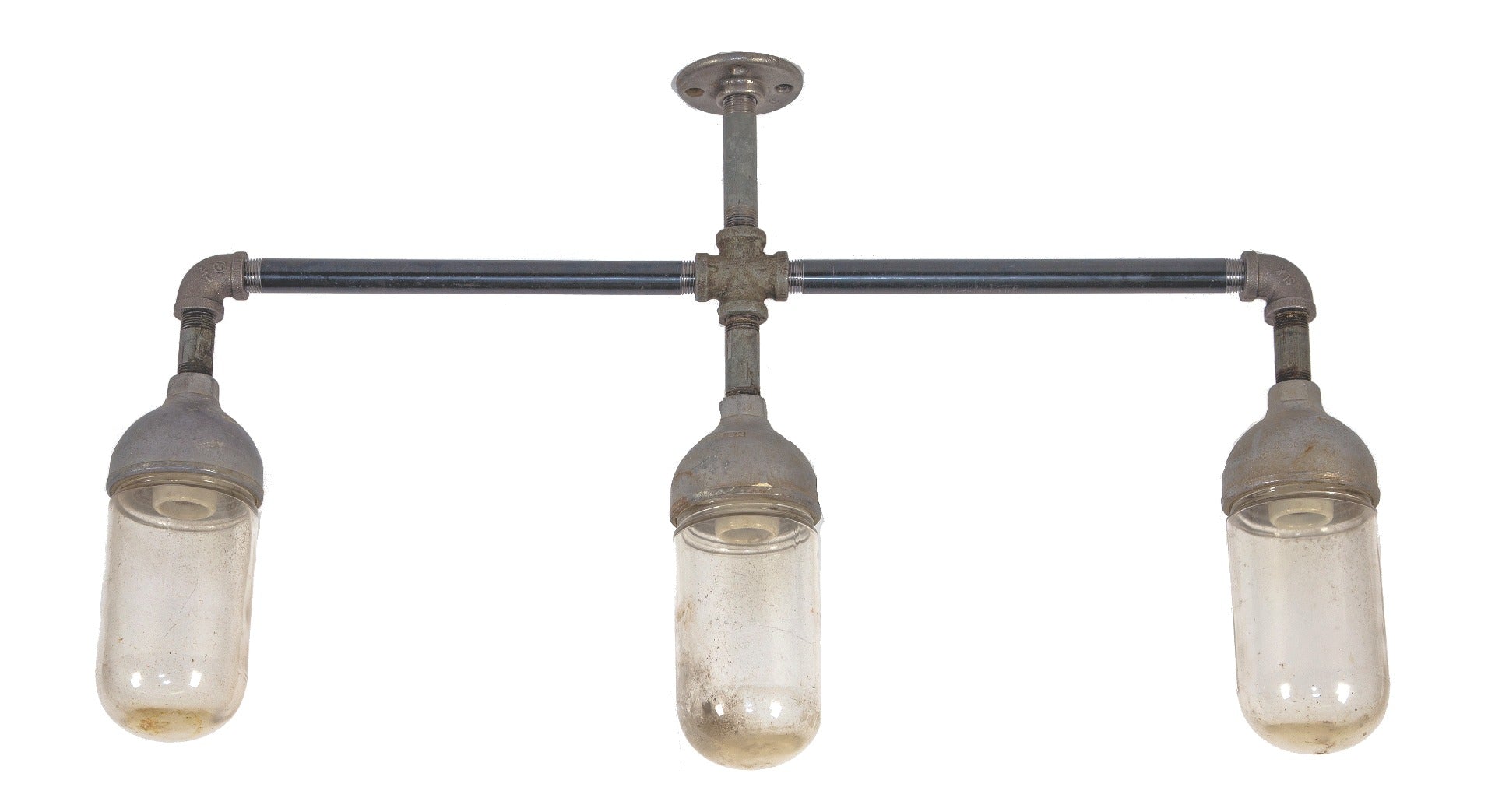fully functional salvaged chicago vintage american industrial three-light crouse-hinds "explosion-proof" ceiling fixture