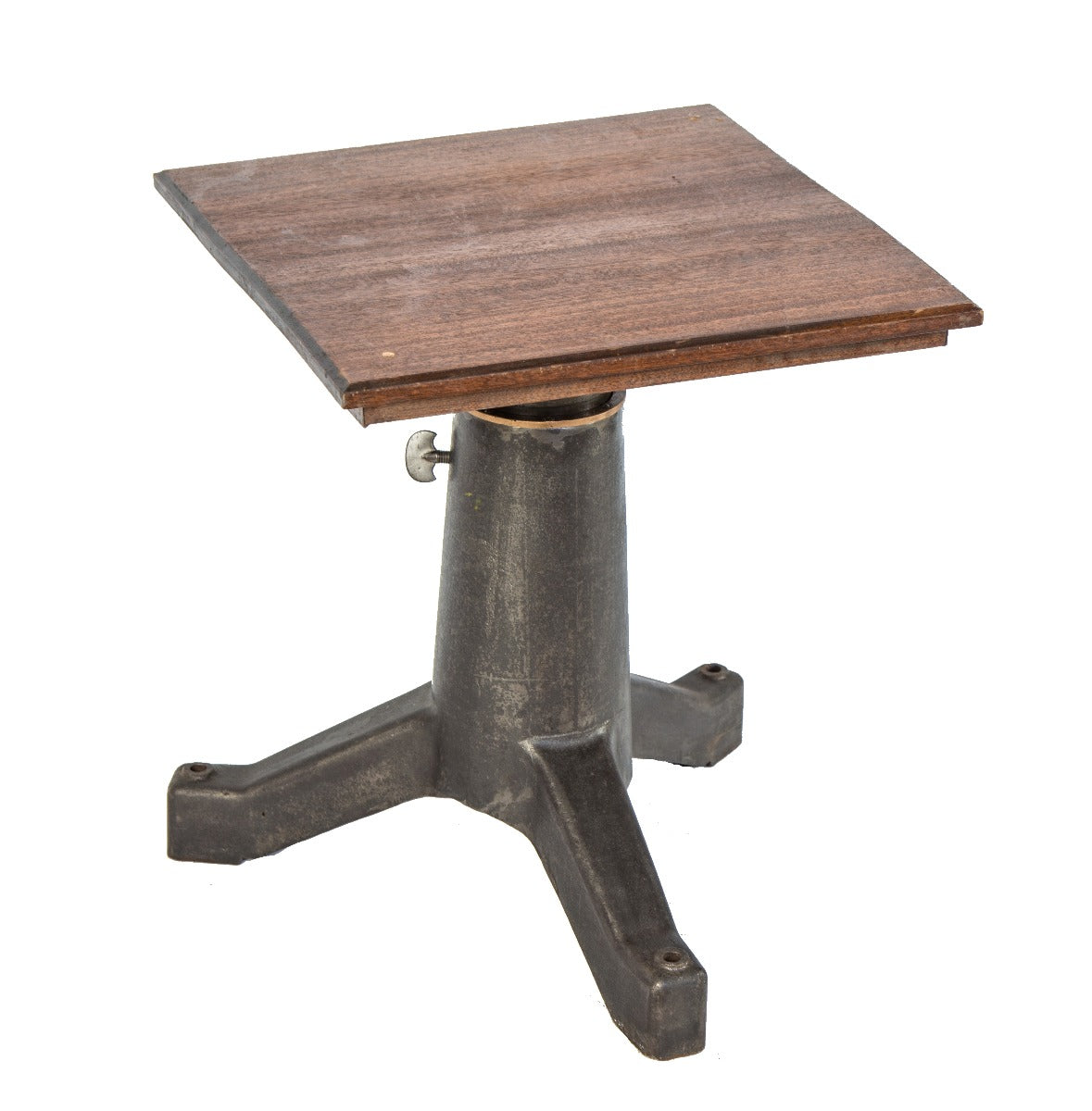 original antique american industrial repurposed salvaged chicago three-legged cast iron machine base with walnut wood tabletop