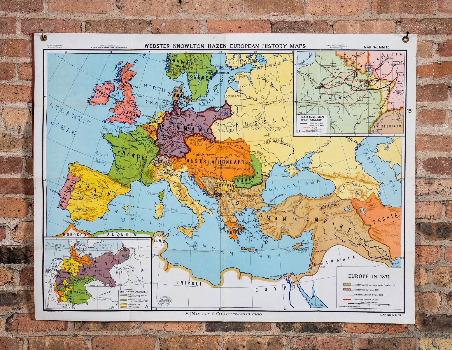 rare vintage american salvaged chicago public school oversized european history wall map by a.j. nystrom