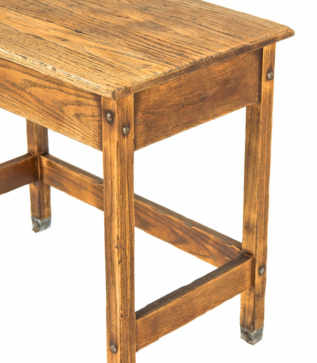 exceptional early 20th century refinished solid oak wood salvaged chicago school laboratory table with cast iron shoes