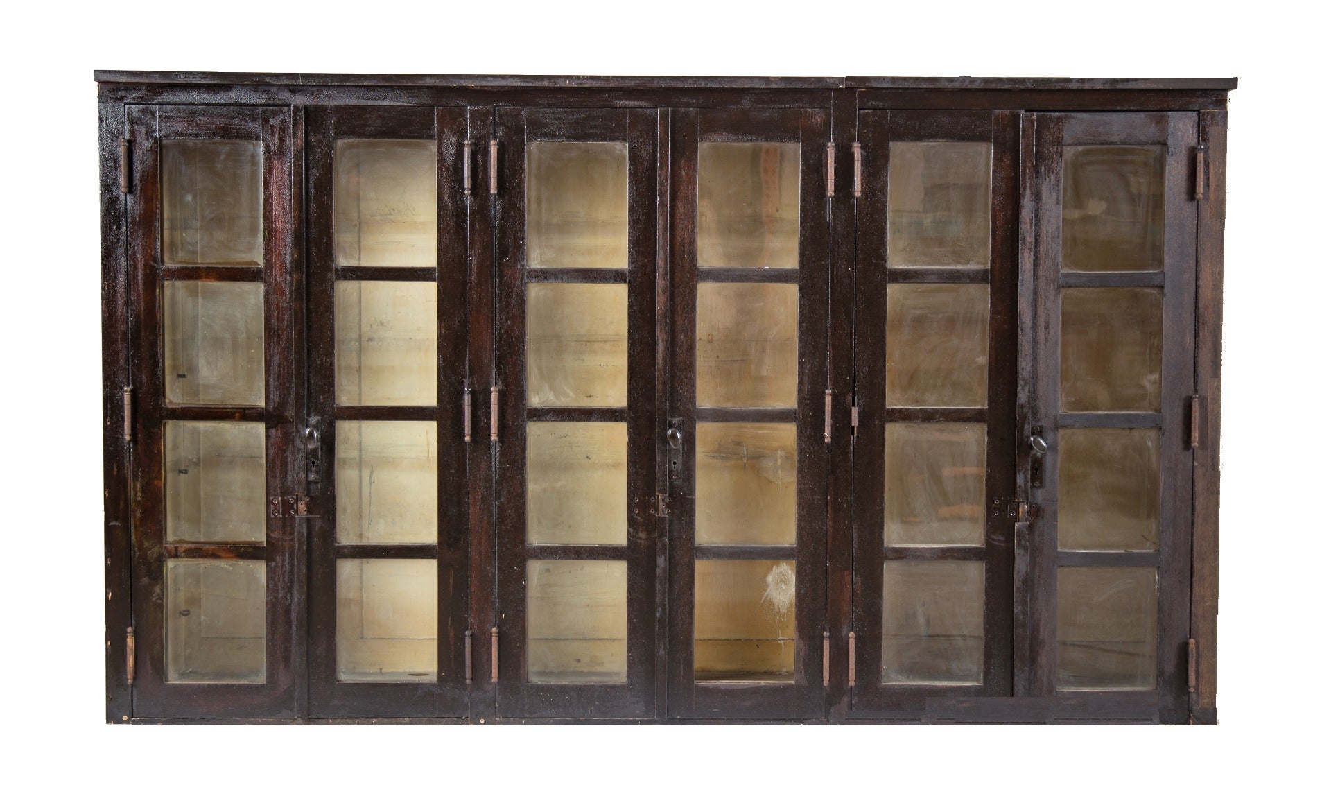 early 20th century darkly stained solid birch wood salvaged chicago laboratory cabinet with original hardware