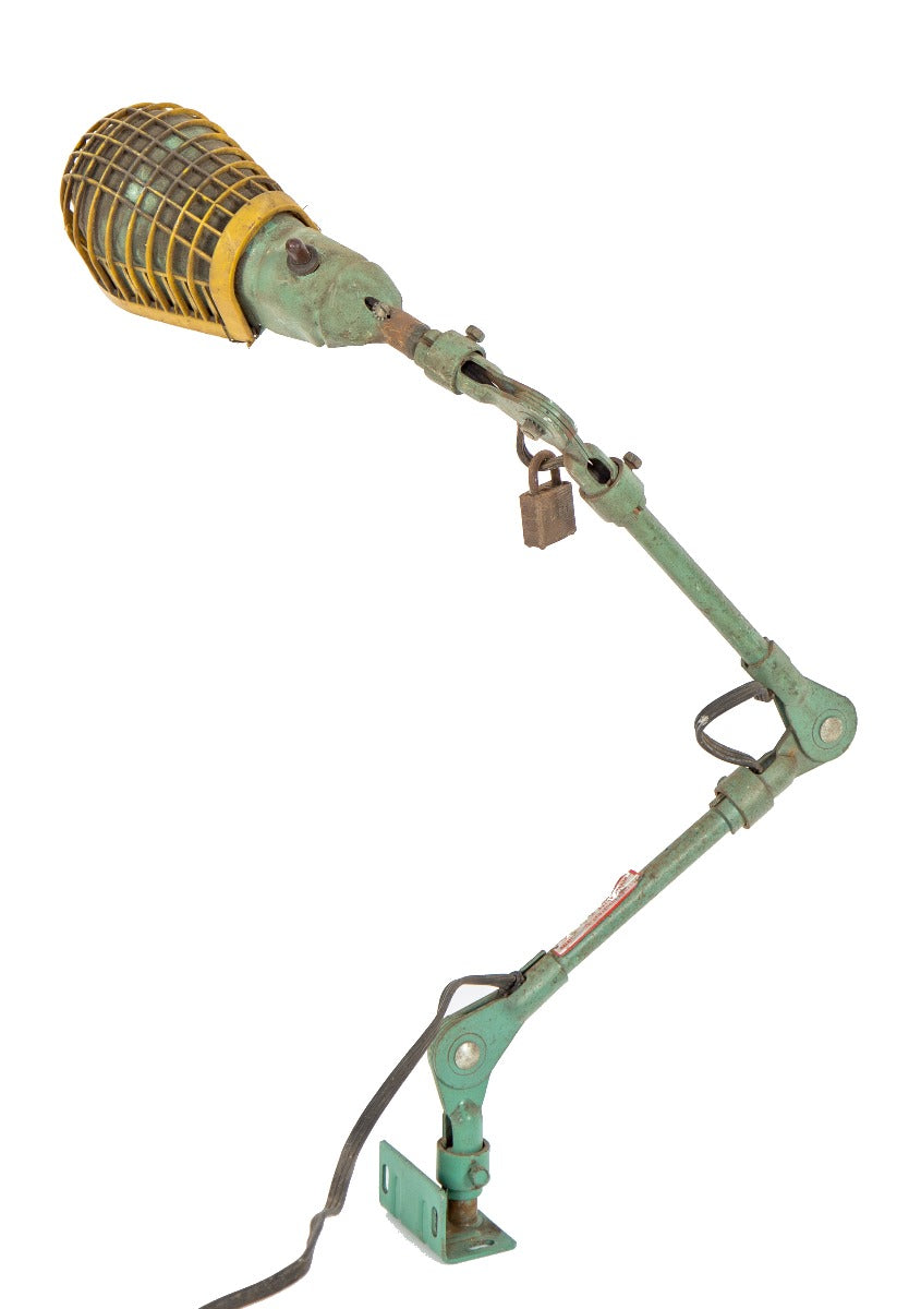 fully adjustable vintage american industrial salvaged chicago factory machine shop lamp with green enameled finish