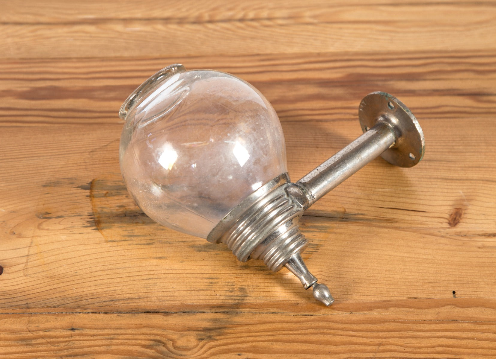 original american depression-era nickel-plated salvaged chicago service station soap dispenser with threaded glass vessel