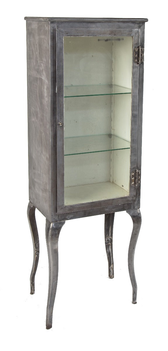 highly sought after early 20th century refinished brushed metal hospital operating room instrument cabinet with cabriole style legs
