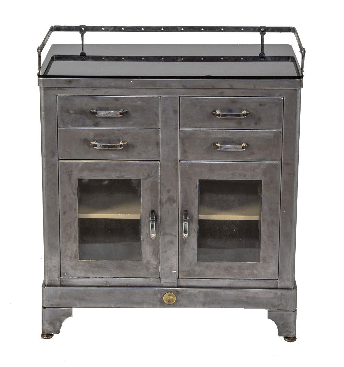 original hard to find antique american reinforced brushed steel frank betz company medical cabinet with black vitrolite top