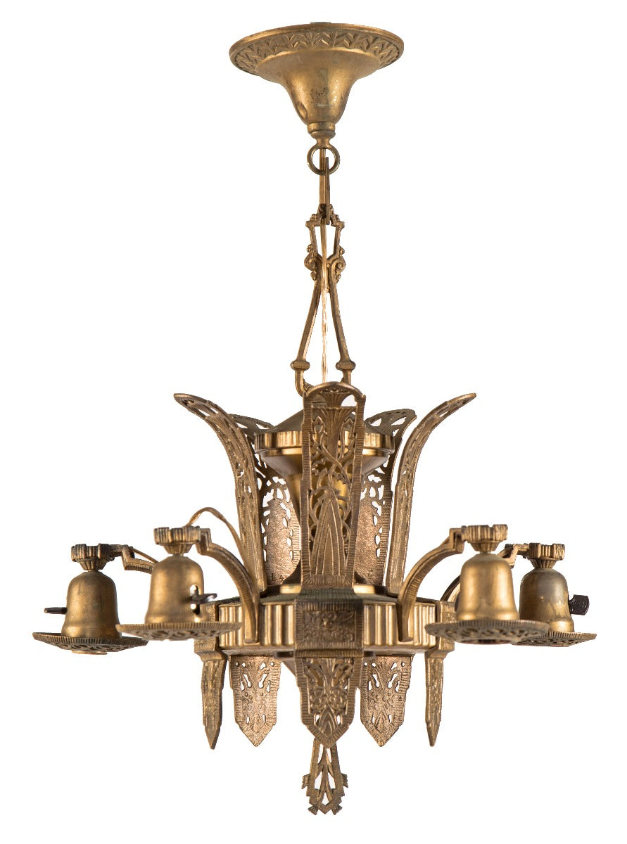 impressive all original interior residential five-light american art deco style ceiling fixture with old gold finish