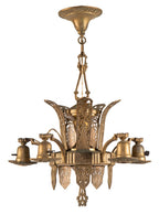 impressive all original interior residential five-light american art deco style ceiling fixture with old gold finish