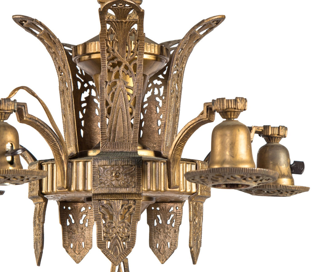 impressive all original interior residential five-light american art deco style ceiling fixture with old gold finish
